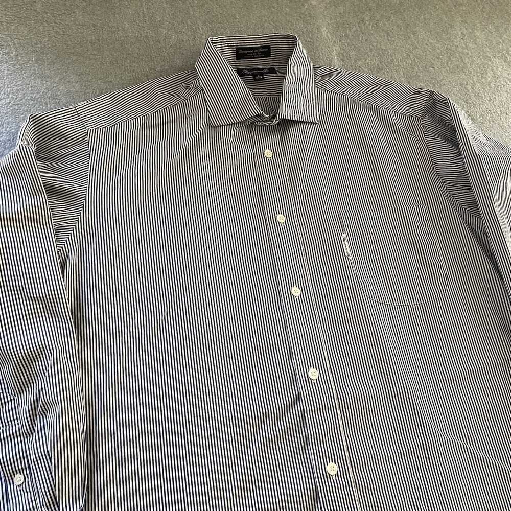 Faconnable Shirt 5 16.5R Navy Stripe Button Up 100% Cotton Long Sleeve France‎